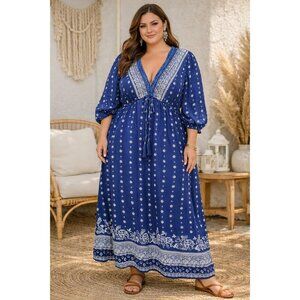 Angie Deep V Neck Puffed Sleeve Blue Bohemian Long Maxi Dress Size 1X Western